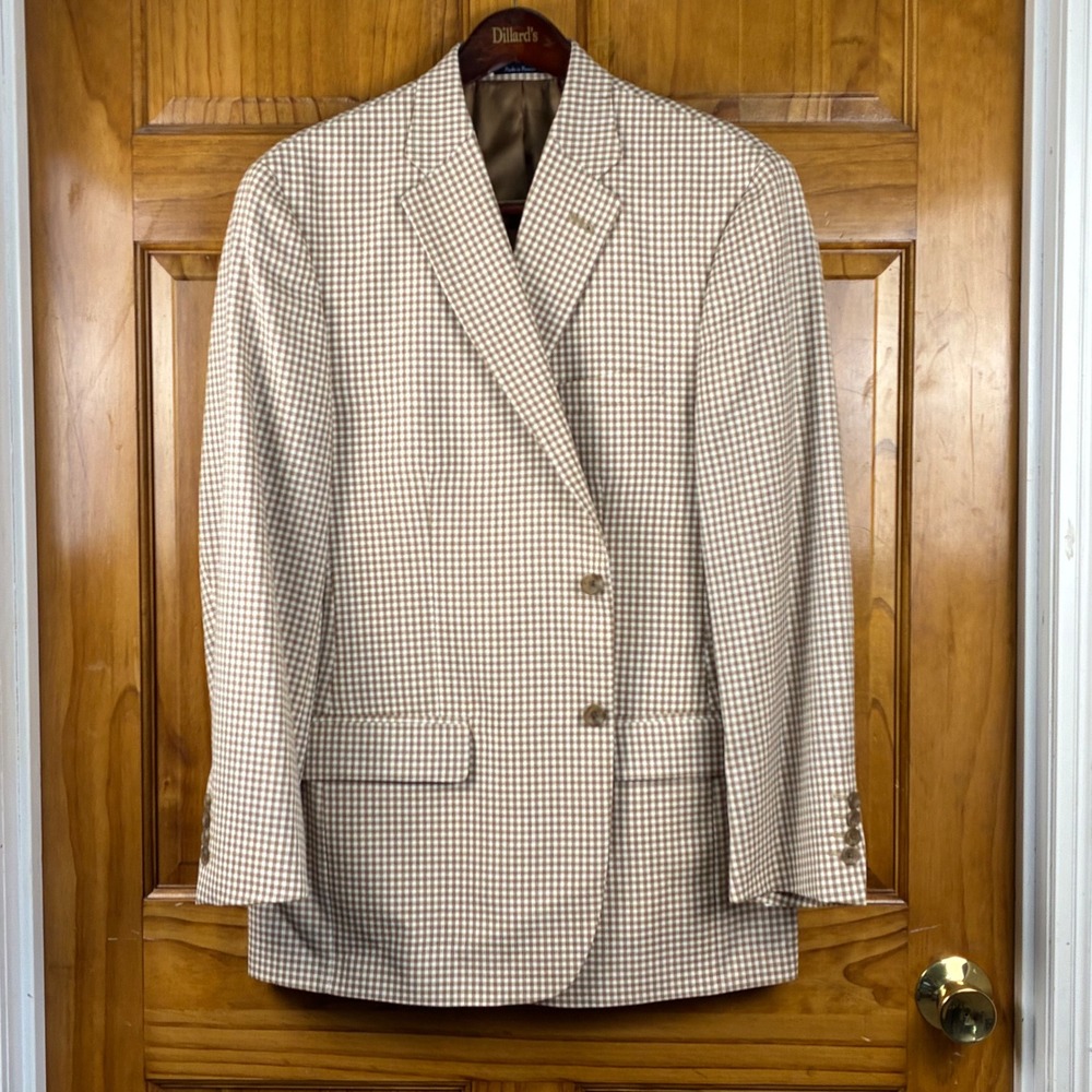 Turnbury Mens Tan Gingham Wool Linen Blend Sport Coat Blazer 44R Plaid Neutral
